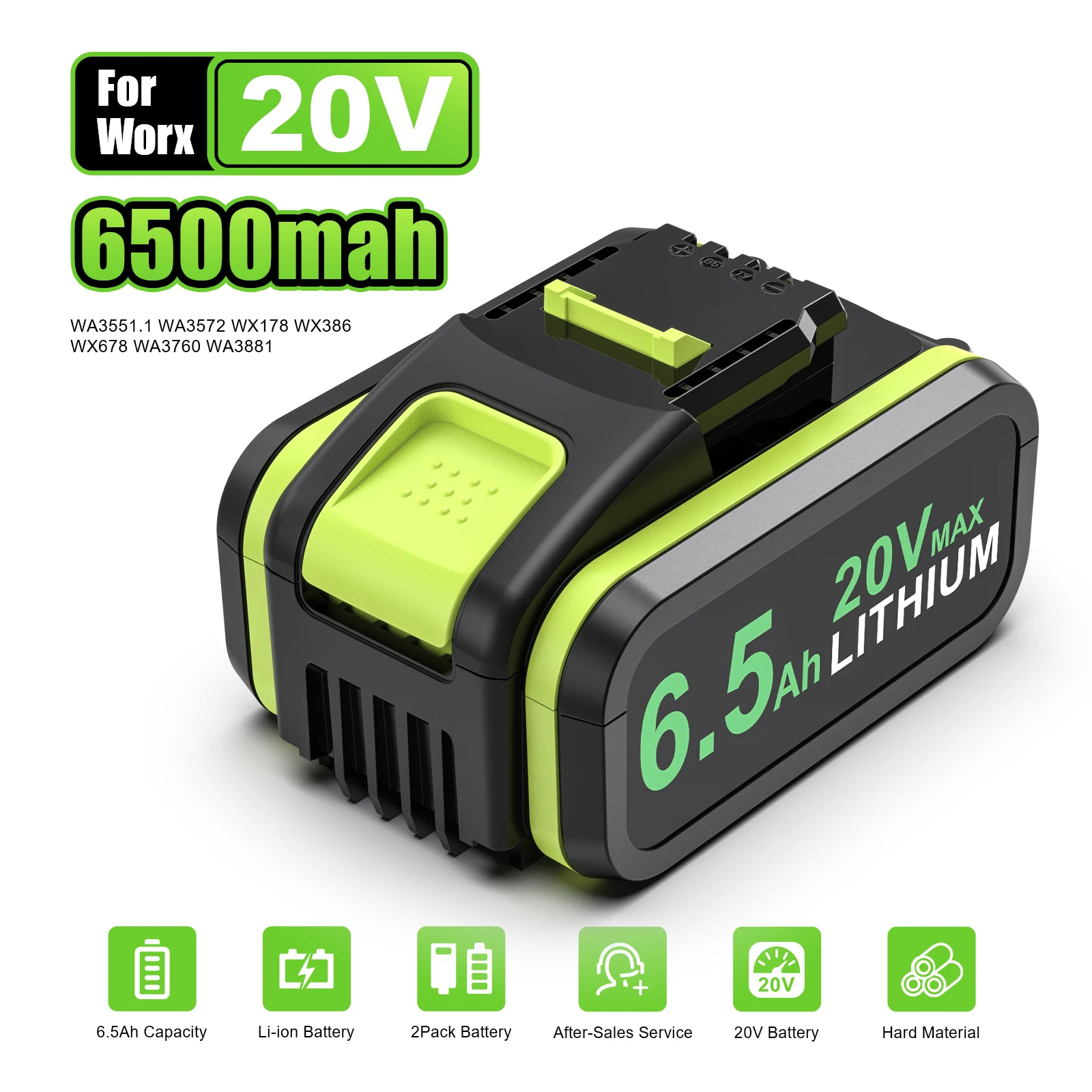 20V 6500mAh WA3551 Lithium Rechargeable Replacement Battery for Worx Power Tools WA3553 WX390 WX176 WX178 WX386 WX678 WA3551