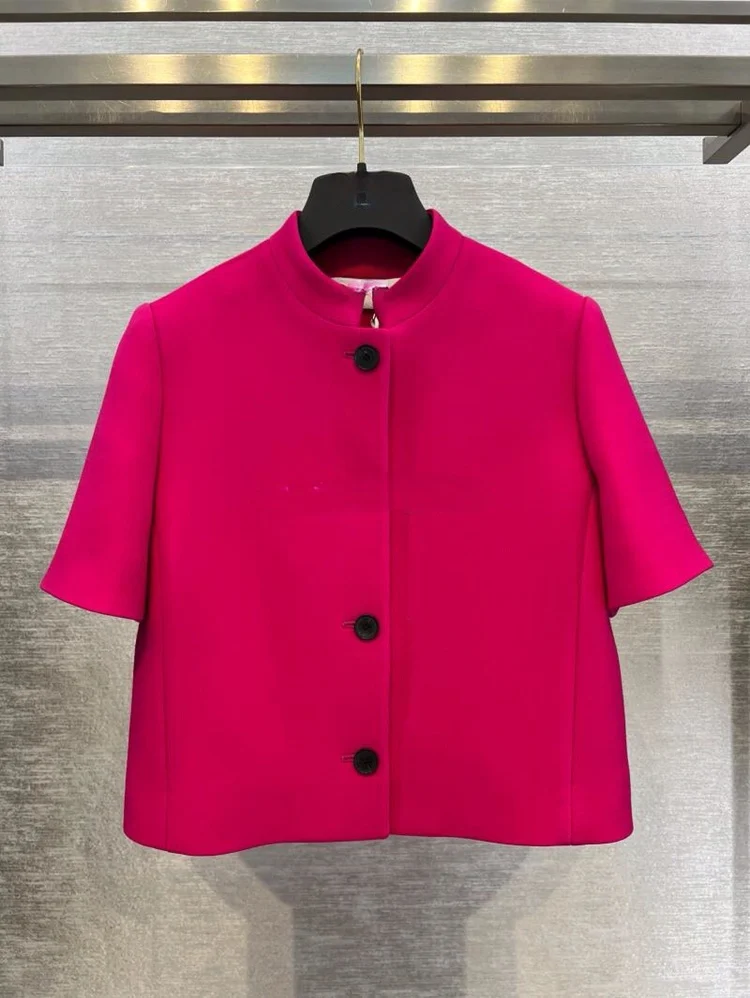 

Summer 2023 Women's Short Sleeve Stand Collar Jacket Versatile Outerwear Polyester Fiber Commute Style Pure Color Button Detail