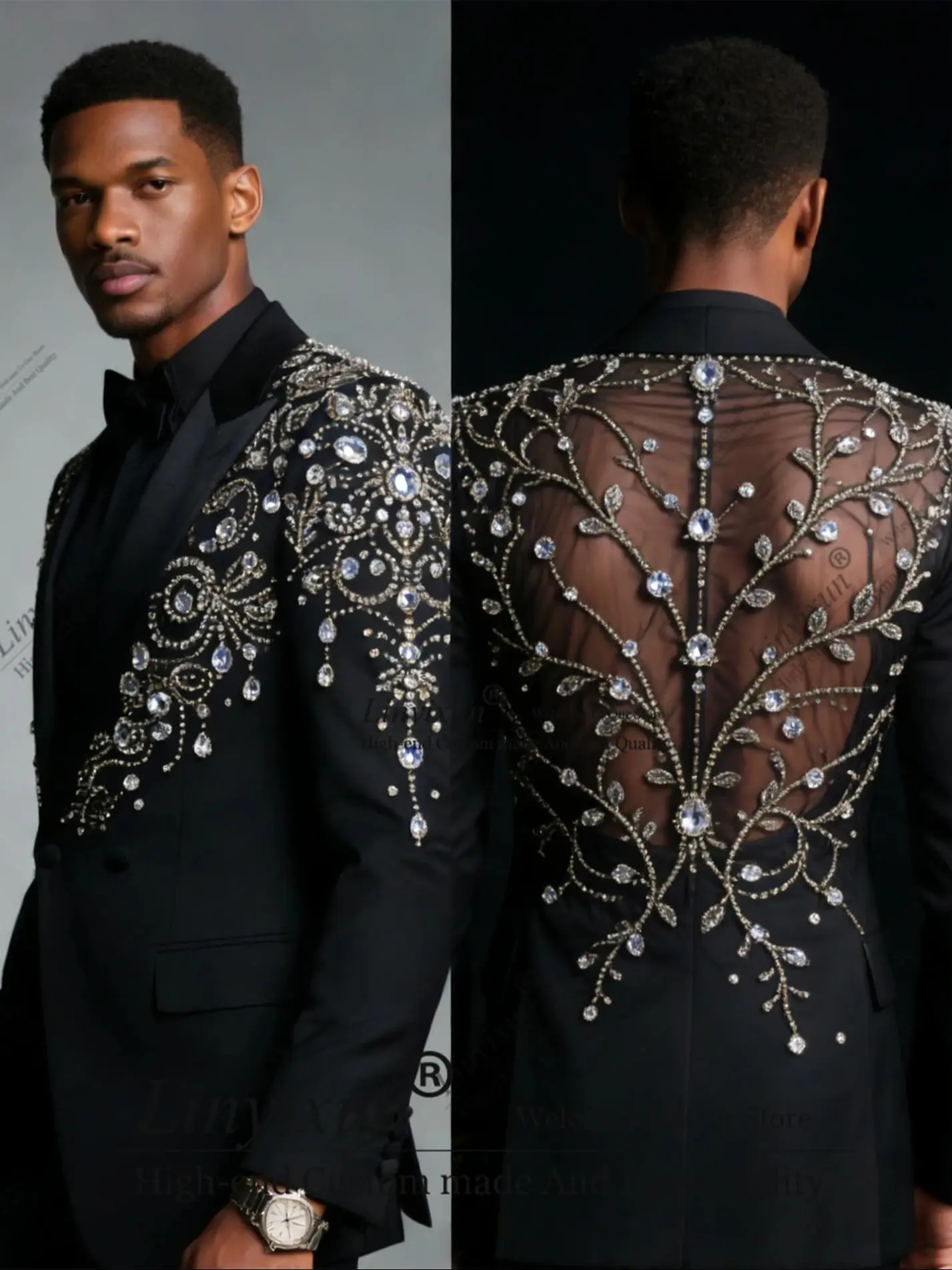 

Изысканный мужской костюм из двух предметов с бриллиантовыми бусинами, для вечеринок и выпускных, пиджак, индивидуальный пошив, приталенный крой, костюм для жениха, смокинг