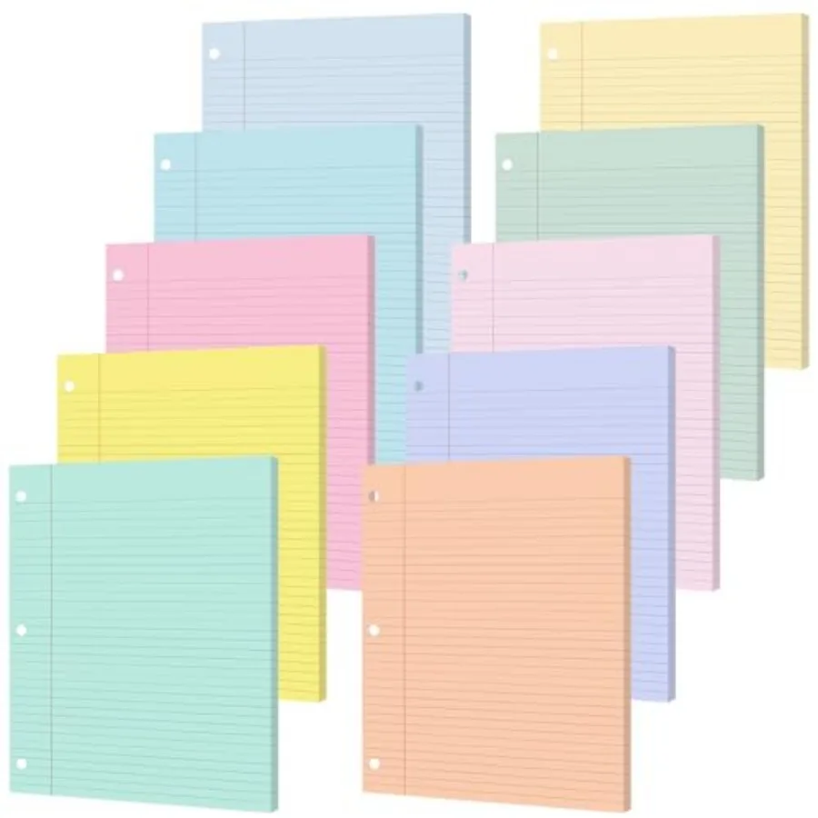 

gisgfim 100 Sheets Loose Leaf Binder Paper, 8" x 10.5" Colored College Ruled Paper, 3 Hole Punched Lined Refill Inserts Thicken
