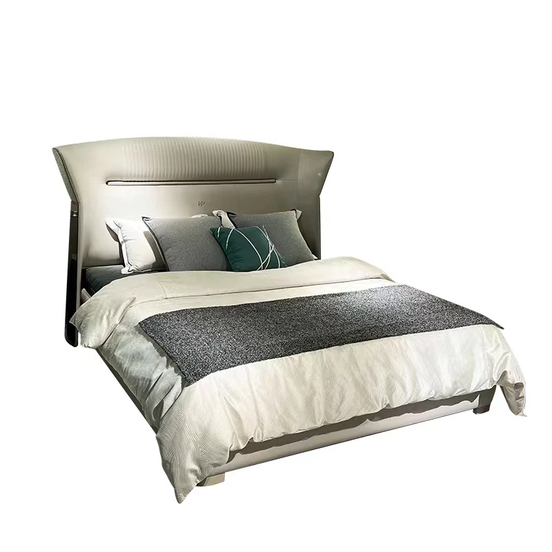 xj-Modern Fashion Designs Double Wood Veneer Painting Design Bed Bedroom Furniture Microfiber Leather King Size Bed*