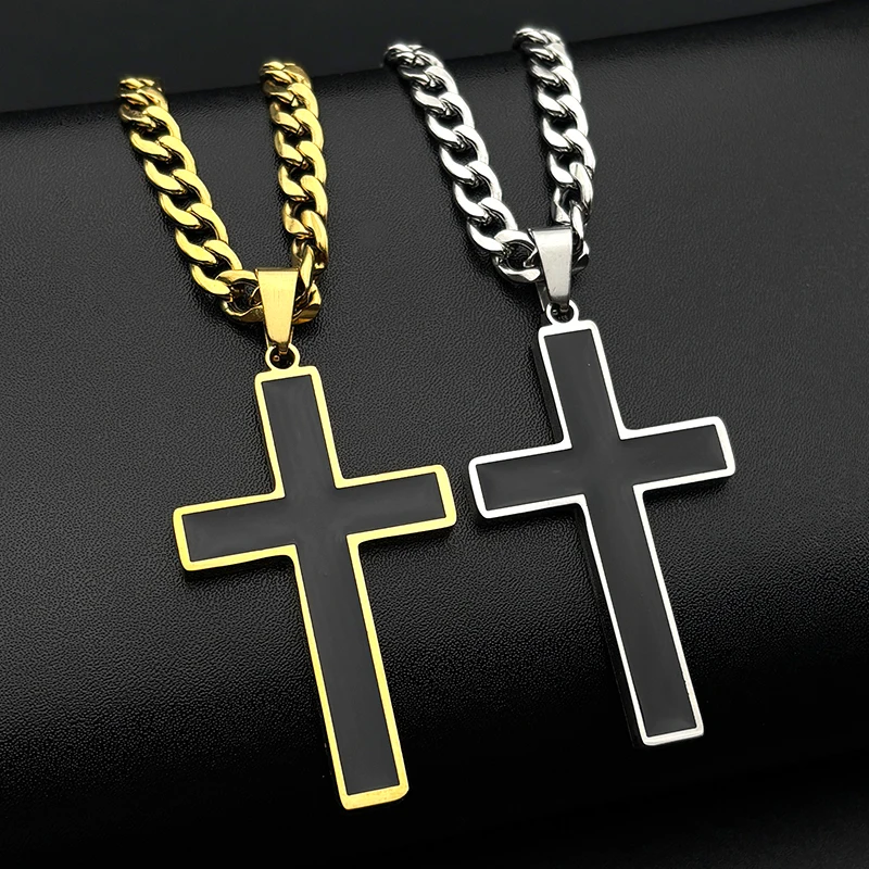كريستيان الصليب الفولاذ المقاوم للصدأ يسوع المسيح الأسود المينا قلادة قلادة النساء الرجال الذهب اللون سلسلة القلائد تميمة المجوهرات