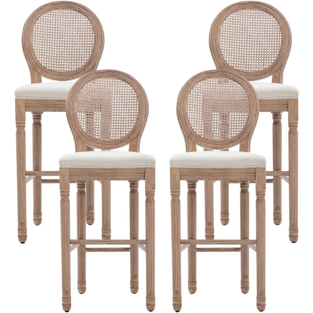 

Farmhouse Bar Stools Set of 4, French Country BarStools with Solid Wood Frame and Upholstered, Rattan Back Kitchen Bar Stool fo