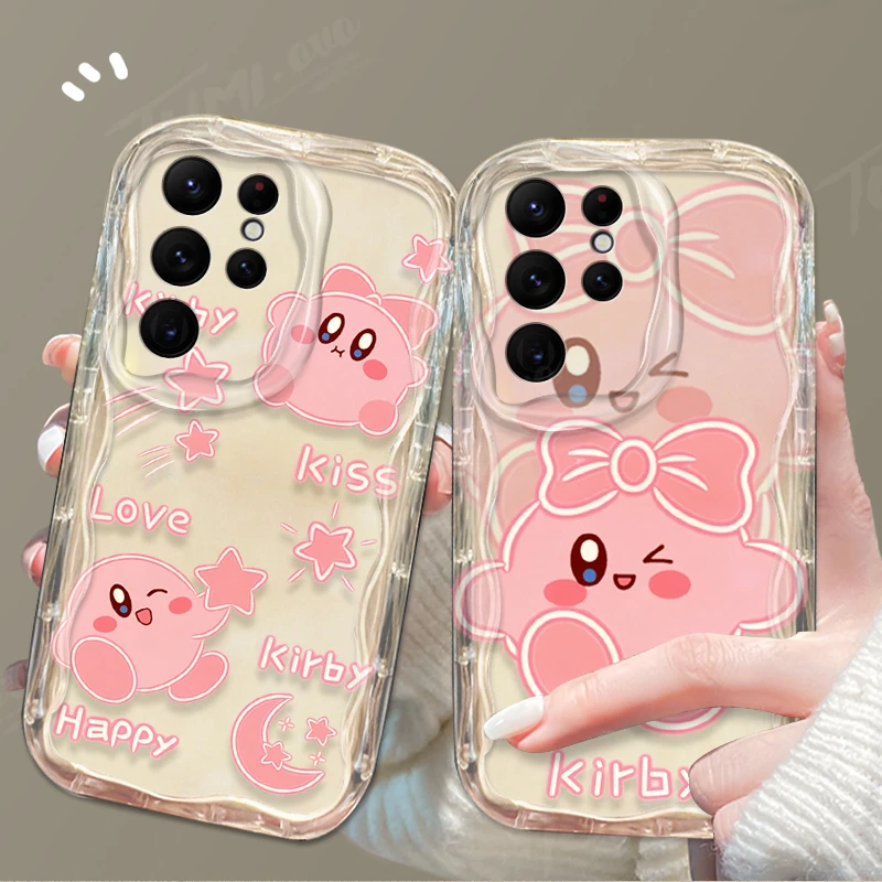 Lovely Cartoon K-Kirby Wave Phone Case For Samsung Galaxy S24 Ultra S23 S22 Plus S21 S20 FE A25 A55 A35 5g Clear Silicone Cover