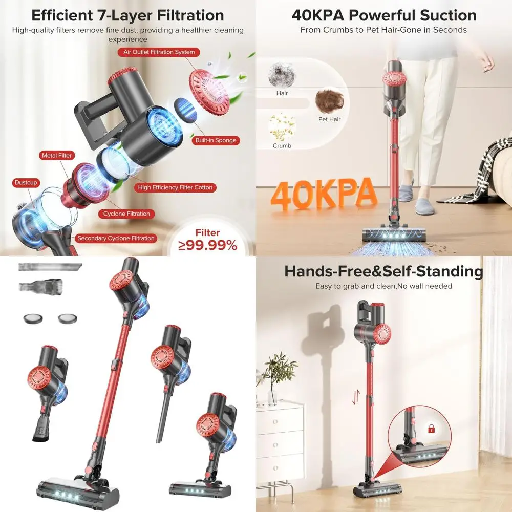 

40KPA Lightweight Cordless Vacuum Cleaner, 7-Layer Filtration, Ideal for All Floors and Pet Hair