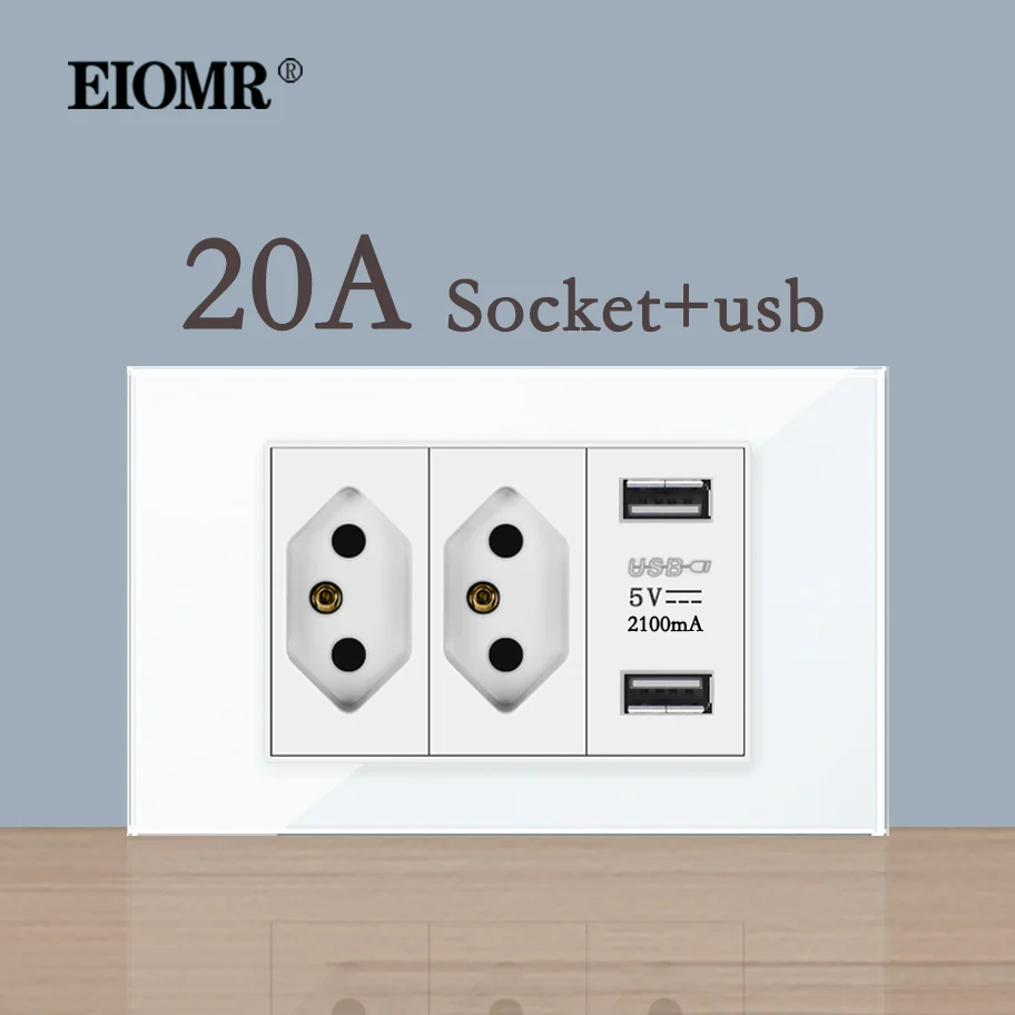 EIOMR 118 Type Brazil Standard Socket Home Wall Light Switch Crystal Glass Panel 5V 3A USB Type-c Charger 20A Brazilian Outlet