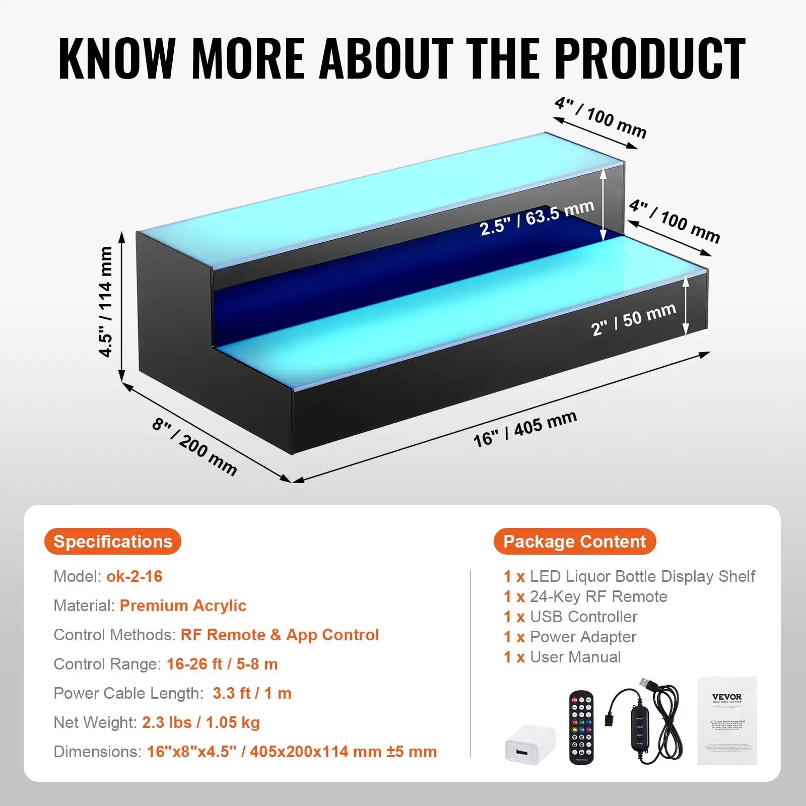 LED Lighted Liquor Bottle Display Bar Shelf RF  App Control 16" 2-Step