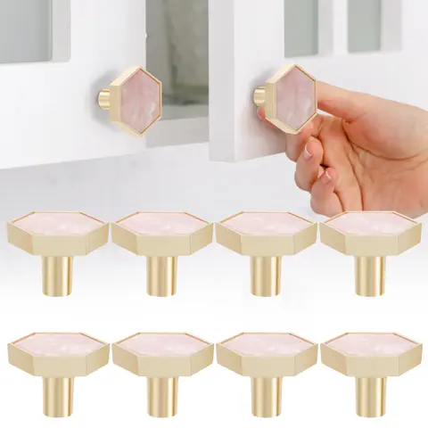 8pcs Cabinet Knobs Pink White Elegant Cabinet Hardware for Dresser Drawers Cabinet Door Pull Handles Brushed Brass Cabinet Knobs