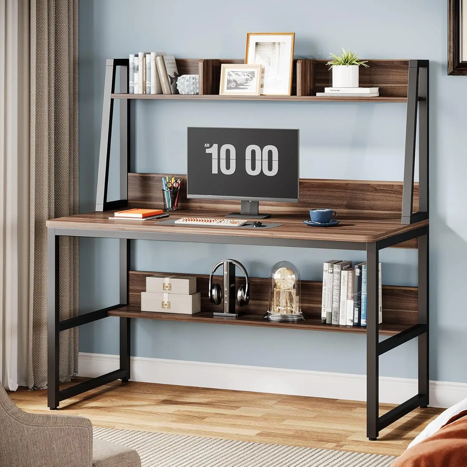 Mesa do computador com Hutch, Home Office Desk, Space Saving Design, Estante para espaços pequenos, 47 polegadas