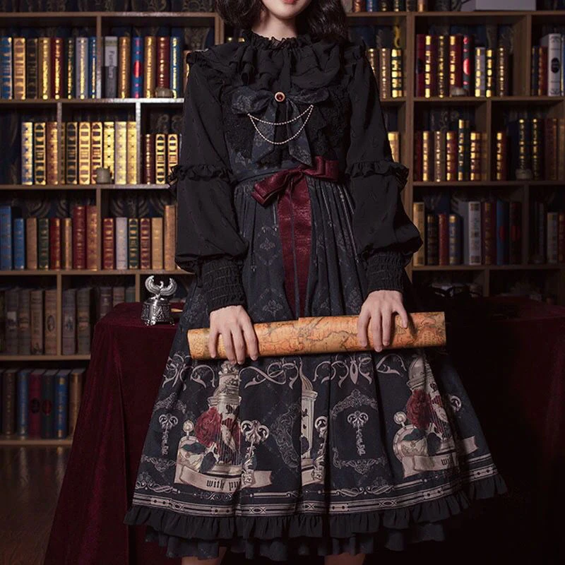 Vestido Vintage Lolita Jk para mujer, vestido negro gótico con lazo y volantes para fiesta, vestido japonés Kawaii para vacaciones, Vestidos victorianos sin mangas