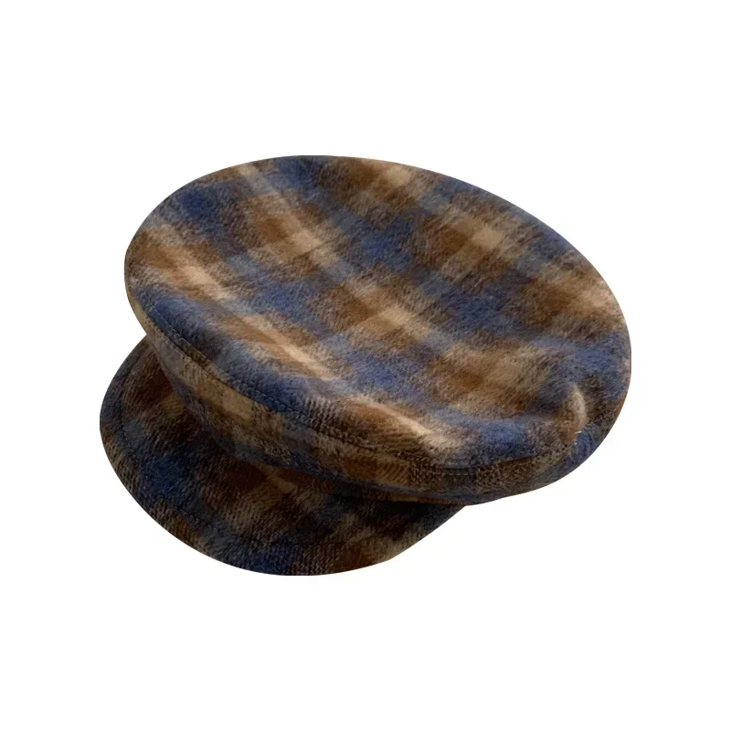 Korea Vintage Plaid Beret Octagonal Hats for Women Classic Beanies Caps Flat Brim Artist Berets Female Painter Cap Bonnet Gorros