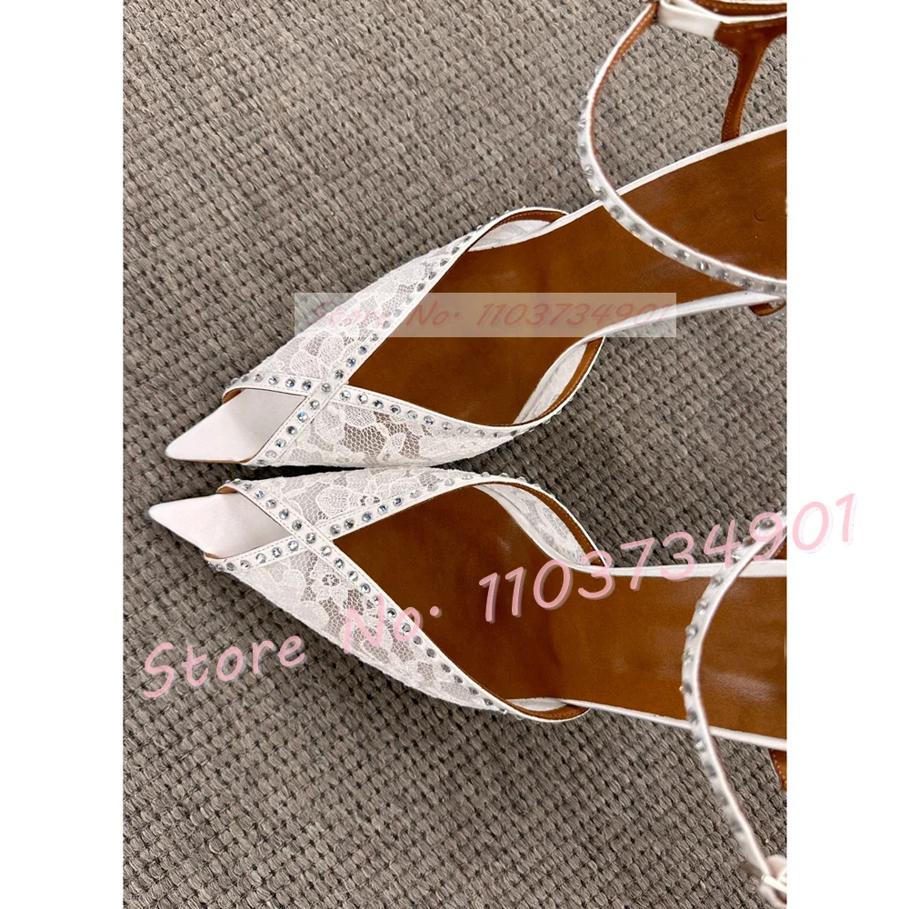 White Flower Lace Crystals Peep Toe Sandals Ladies Pointy Toe Summer Chic Elegant Shoe Fashion Party Casual Stiletto Sandals
