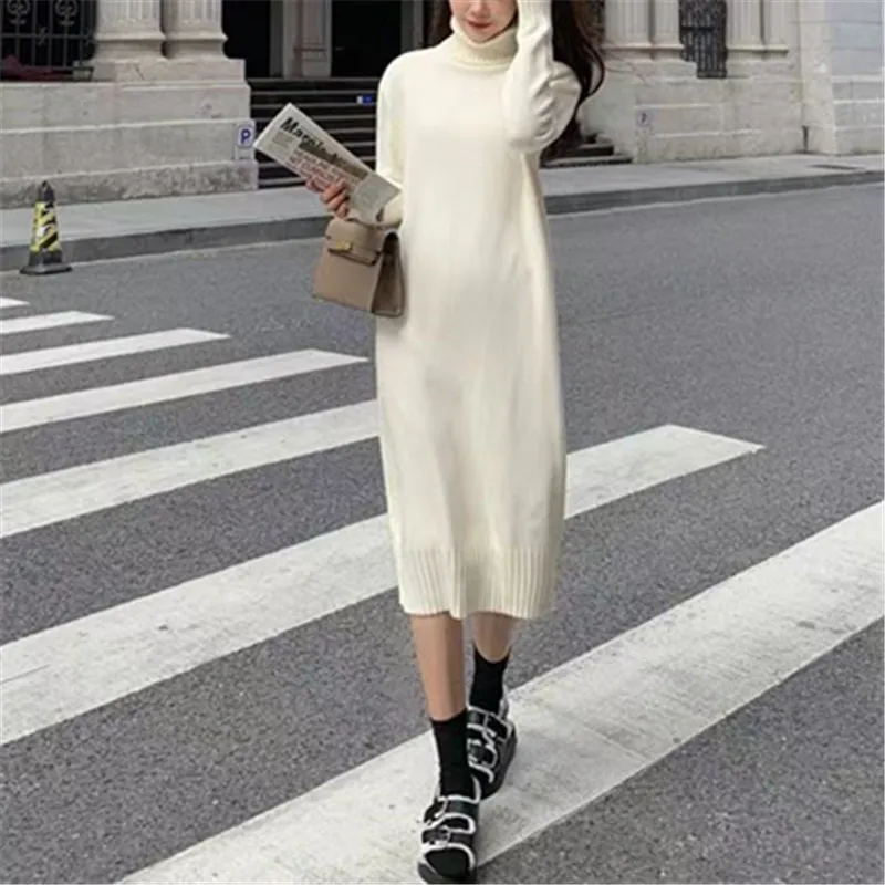 Autumn Winter Elegant Retro Women's Knitted Dress Casual Loose Solid Color Turtleneck Long Sleeved Dresses VestidosПлатьеЖенское