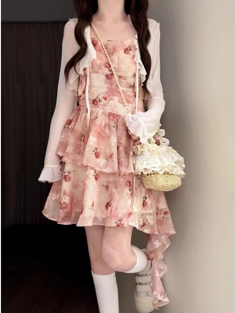 

Korean Sweet Pure Desire Freshness Slimming Floral Strap Long Dress Cardigan Shawl Two-Piece Set V-Neck Long Sleeve Short Pants