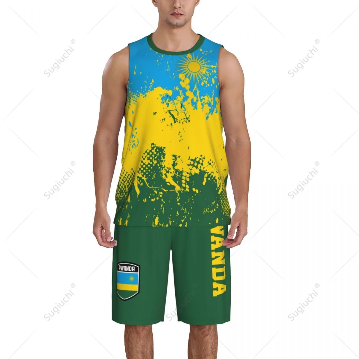 Team-up Rwanda Flag Grain Men Basketball Jersey Set Shirt & Pants Sleeveless Custom Name Nunber Exclusive