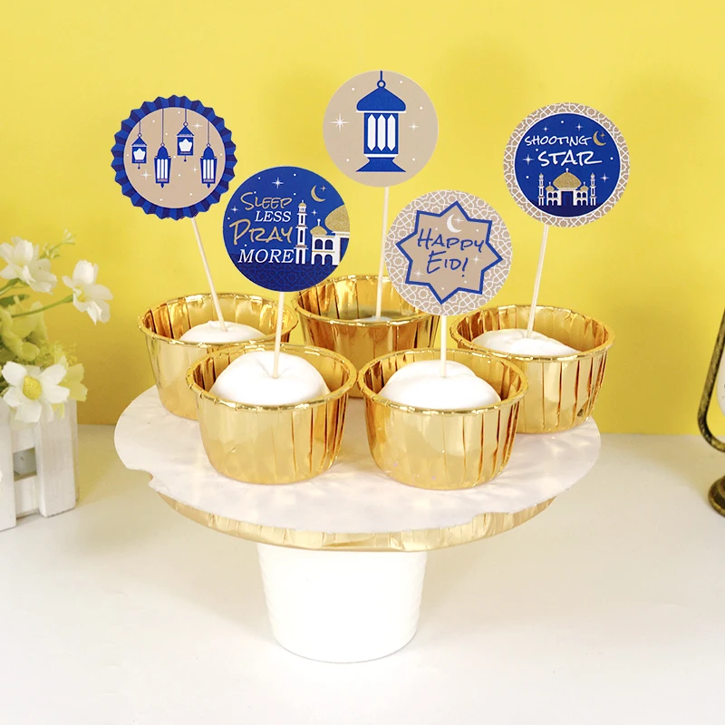 

8/16/32pcs Eid Mubarak Paper Cake Toppers Castle Moon CupCake Topper for Ramadan Islamic Muslim Festival Party Cake DIY Decor