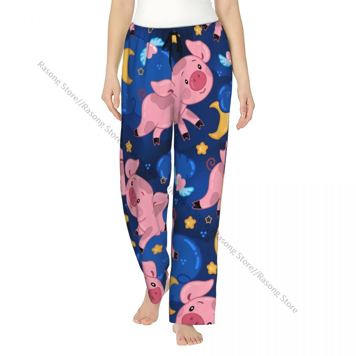 

Cozy Flannel Pajama Pants for Women Cute Pigs Night Sky With Moon Clouds And Stars Pattern Sleep Bottoms Home Loungewear