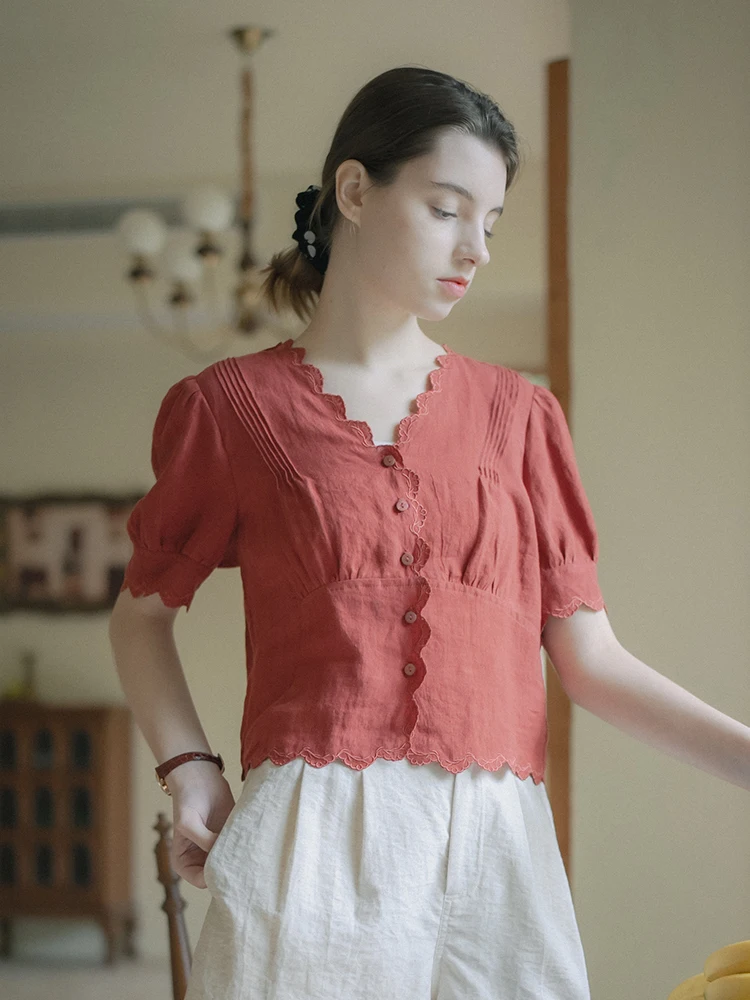 

MARCHNOON French Style Embroidered Lace Trim Linen Shirt Short Sleeve Floral Print Breathable Women's Summer Top V-Neck Blouse