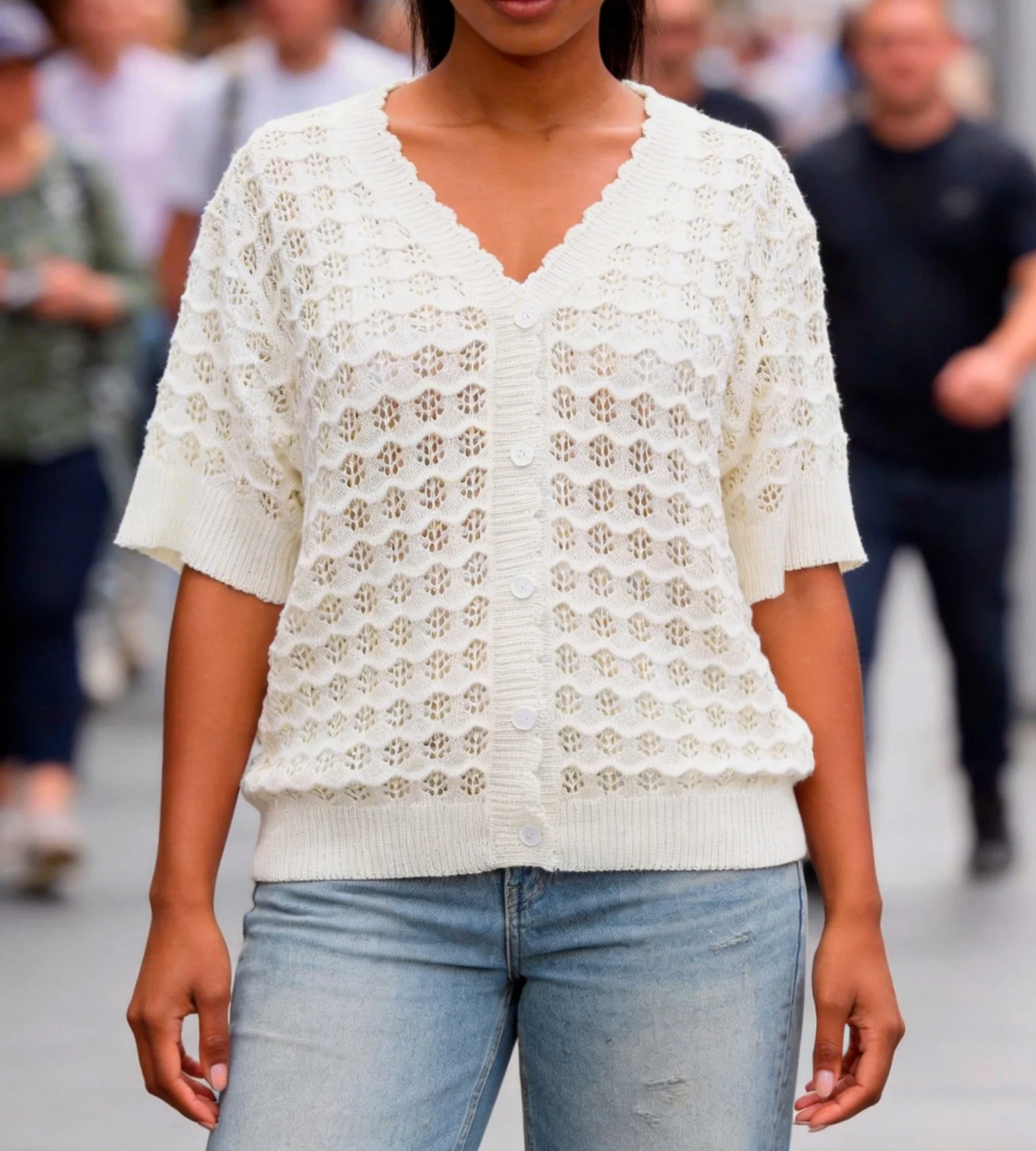 

Plus Size Women's Vacation V-Neck Knit Short Sleeve Cardigan, Perfect for Summer Travel & Daily Outings.