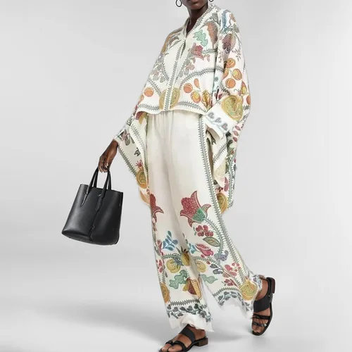 Imagen 2 del producto Conjuntos de pantalones elegantes con estampado geométrico Irregular para mujer, camisas de manga larga de gran tamaño y pantalones de pierna ancha, traje de calle elegante