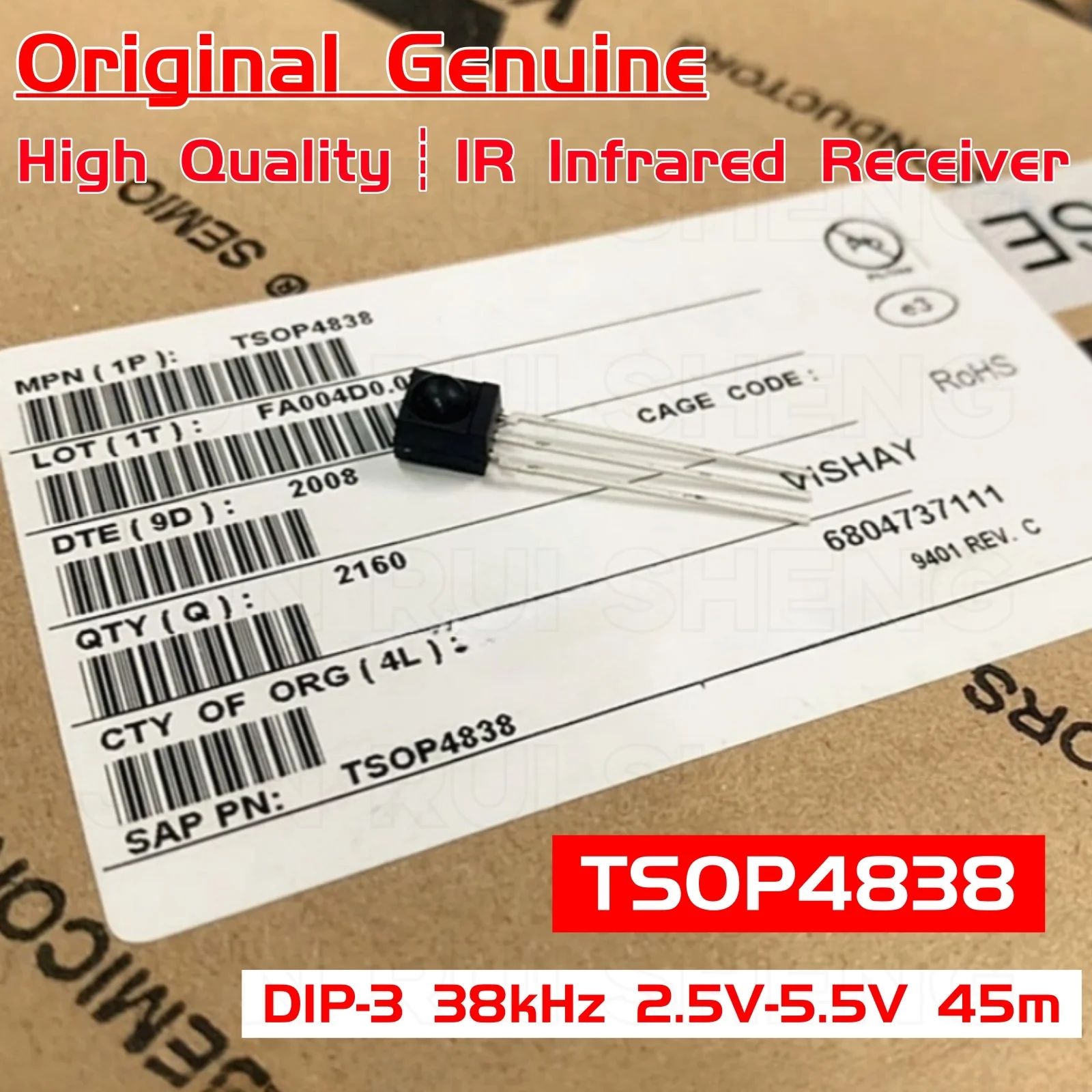 10PCS Original TSOP4838 VISHAY P4838 IR Infrarot Empfänger Sensor TSOP 4838 DIP-3 38kHz 45m Für PCM remote Modul Steuerung Systeme