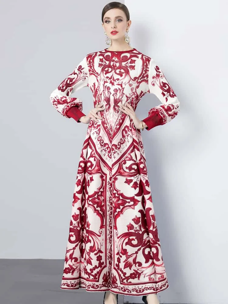 موضة مطوي فستان مُزين بطباعة للنساء س الرقبة طويلة الأكمام المرقعة 2025 ربيع ربيع الخريف جديد أنيق فساتين الحفلات النسائية