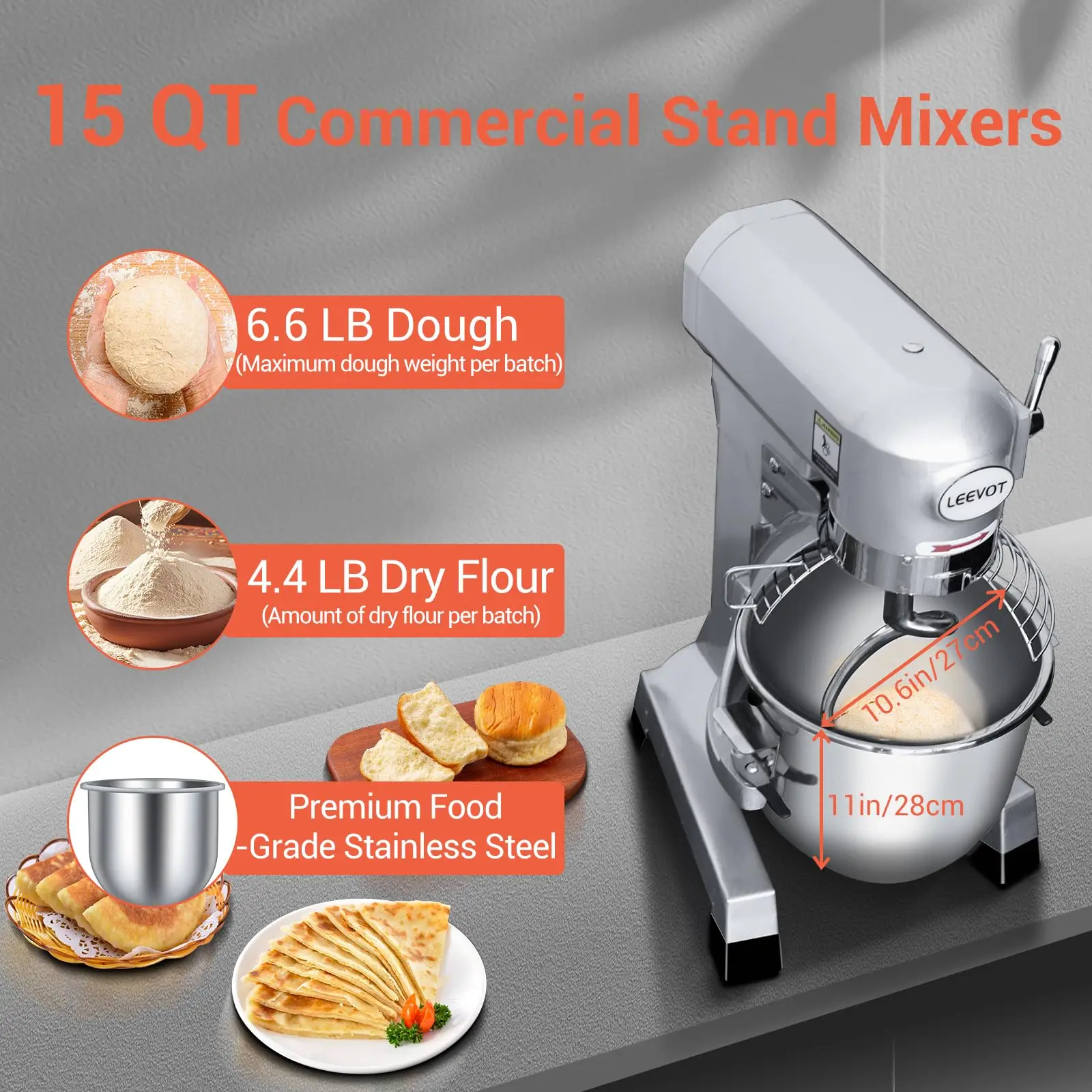 Commercial Food Mixer 15 Quart, Commercial Stand Mixer with 2 Speeds