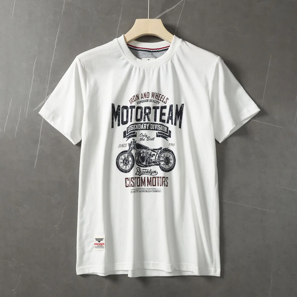 2025 Summer American Retro Short Sleeve O-neck Letter Motorcycle Printed T-shirt Men's Fashion 100% Cotton Washed Casual Tops
