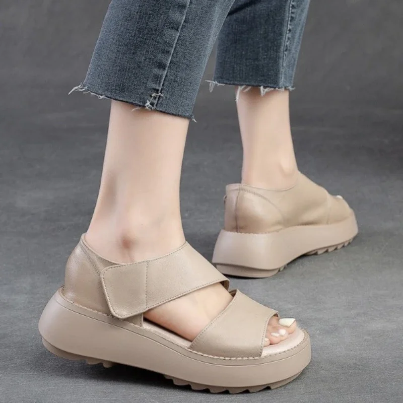 Women\'s Summer Sandals Platform Shoes Wedges Roman Sandals Hook & Loop Women Sandals Pu Leather Retro Shoes Woman 2024 Trend