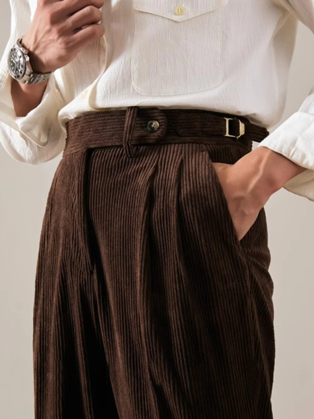 Winter Corduroy High Waist Naples Men's Pants Loose Straight Leg Casual Long Trousers Warm Double Pleat Lightweight Fashion