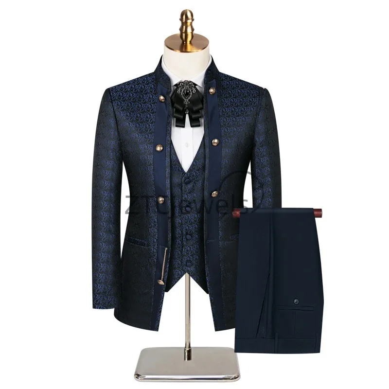 2026 New Chinese Style Men's Suit with Green Fruit Collar and Dark Flower Banquet Wedding Set Groom and Groomsman Gown 3Pc Set view 6