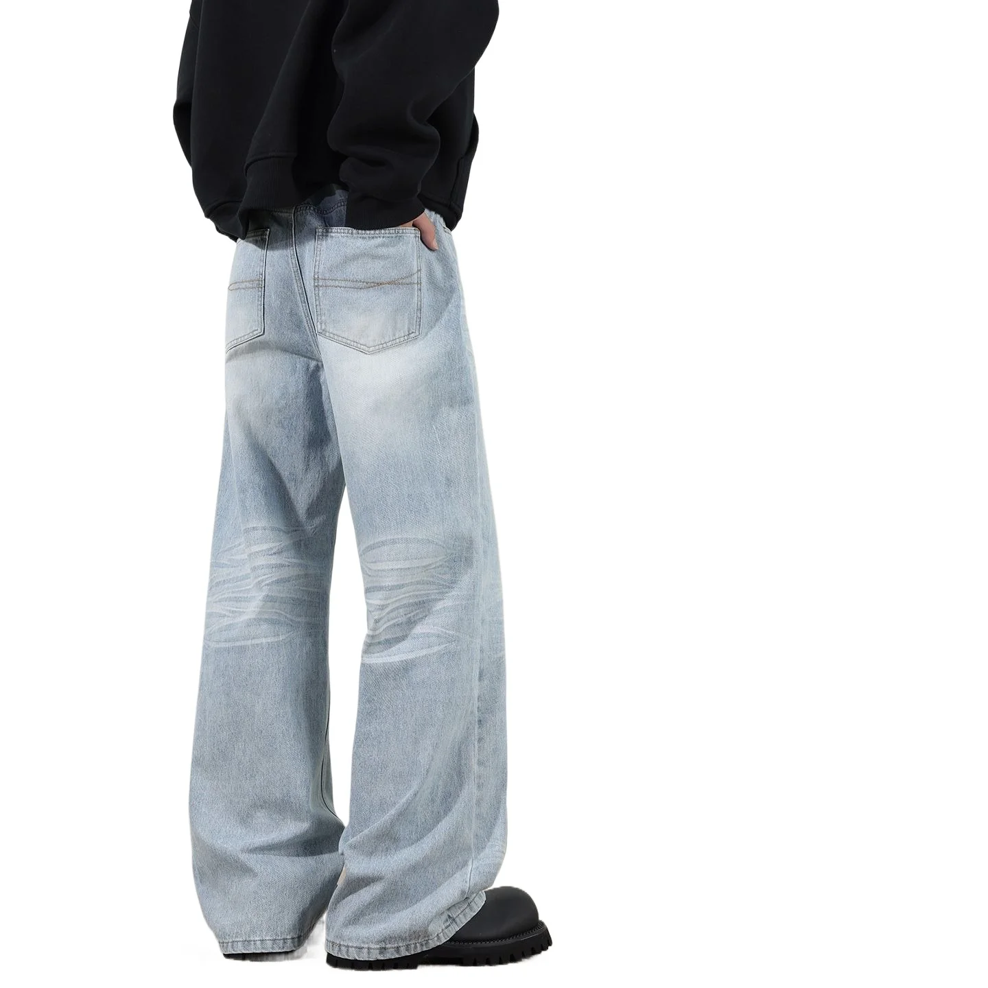 American Retro Crack-washed Distressed Lightning-shaped Flared Jeans High Street Loose Jeans for Both Men and Women Man Pants