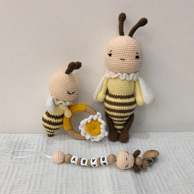 1Set Crochet Bee Baby Teether Rattle Safe Beech Wooden Teether Ring Pacifier Clip Chain Set Newborn Mobile Gym Educational Toy
