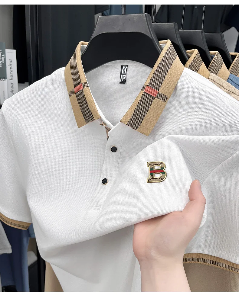 2026 high-end letter B printed summer men's color blocked lapel short sleeved polo shirt versatile Tshirt for business commuting