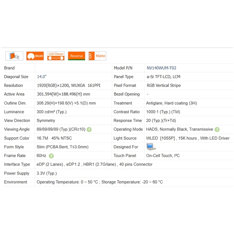 Imagem -04 - Ips Laptop Lcd Touch Screen Display Matrix Substituição do Painel 40 Pins Nv140wum T02 Nv140wum-t02 V8.0 1920x1200 Edp 14 em