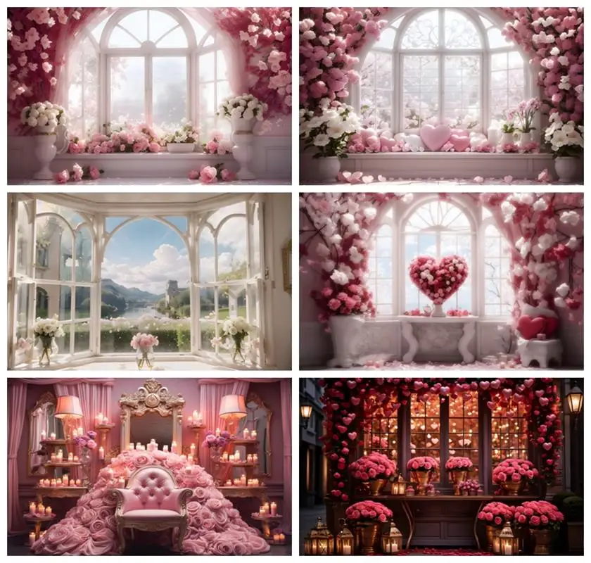 

Laeacco White Window View Backdrop Romantic Living Room Pink Flower Love Hearts Valentine's Day Portrait Photography Background