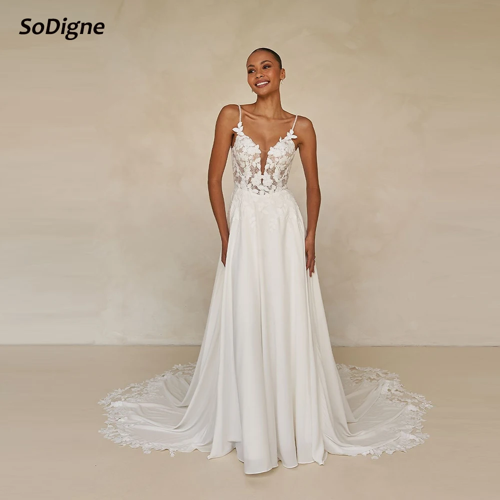 

SoDigne A-line Chiffon Appliques Wedding Dresses Sleeveless Bridal Dress Beach Long Wedding Gown Robe De Mairee Customized