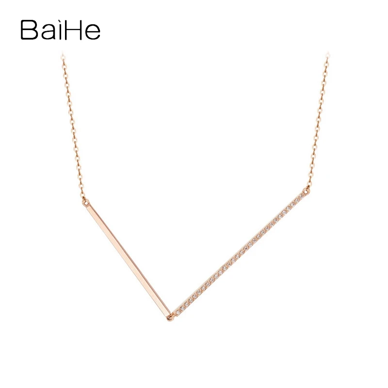 

BAIHE Solid 14K Rose Gold H/SI Natural Diamond V Necklace Clavicle Chain Women Trendy Engagement Fine Jewelry 일체형목걸이 Ketting