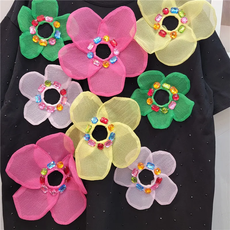 Beading Stereoscopic Flower Short Sleeve T-shirt Women Top Y2k Casual O Neck Tees Korean Popular Clothes Sweet Girl Streetwear