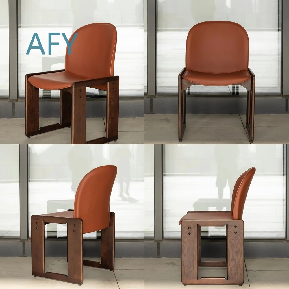 Modern Chinese Style Solid Wood Genuine Leather Dining Chair in Coffee Color with Arched Backrest and Armrests for Home