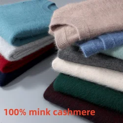 Suéter de caxemira com gola redonda masculino, jumper solto de malha, top aquecido, tamanho grande, outono e inverno, 100% vison, 2024