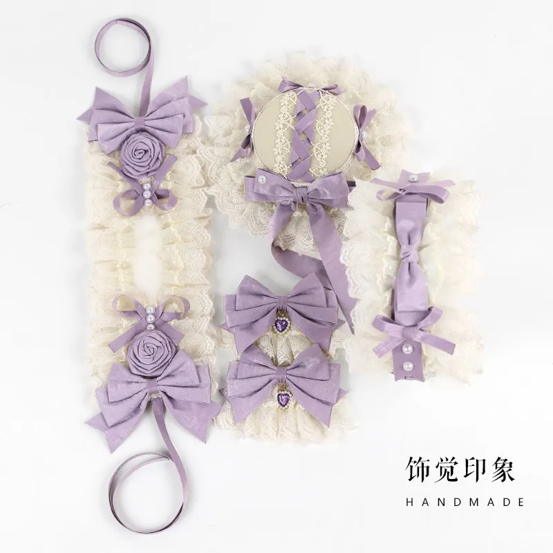 Original Handmade Lolita Small Things Smoke Purple Silk Satin Rose Headband Top Hat Hair Accessories Set