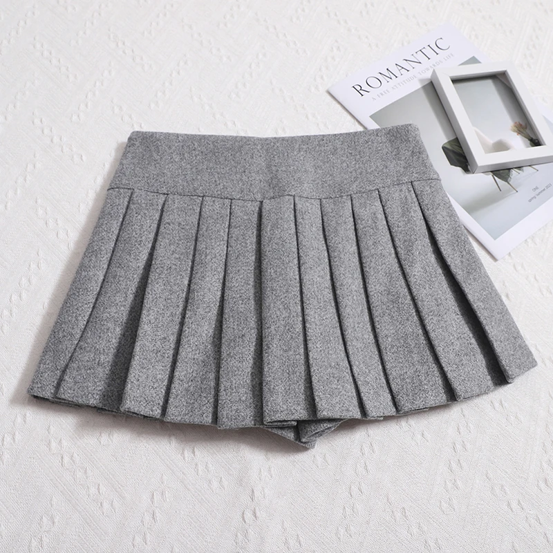 Women's Wool Pleated Skirt Low Waisted Slit Side Boxy-pleat Mini Skirt Y2K Miniskirt Autumn Winter Teen-girl Skort Preppy Outfit