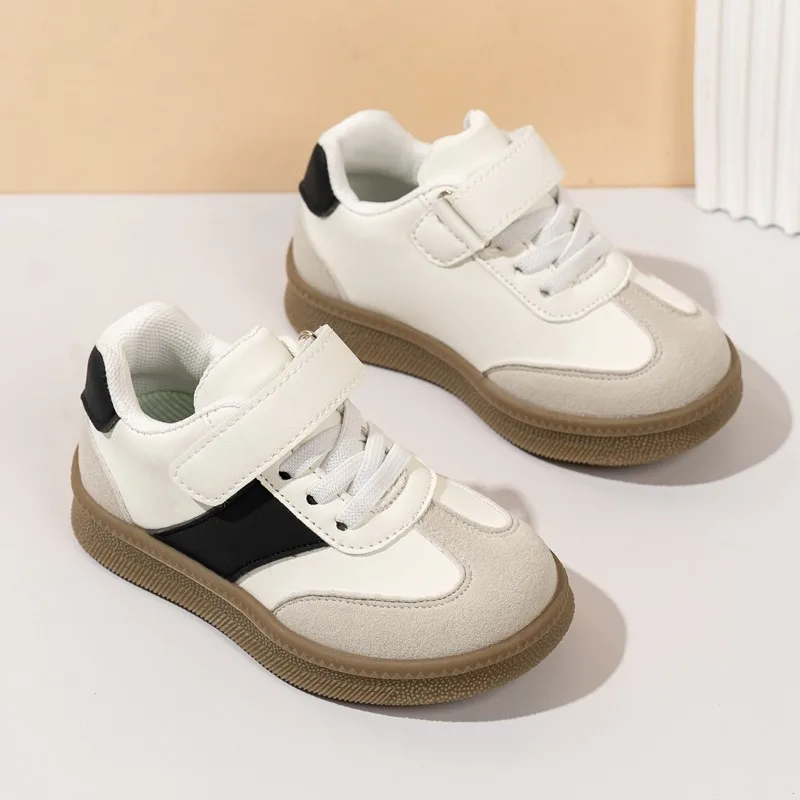 

2026 Kids Retro Sneakers White/Black Strap Velcro Casual Shoes Soft Non-slip Toddler Sports Shoes for Boys Girls
