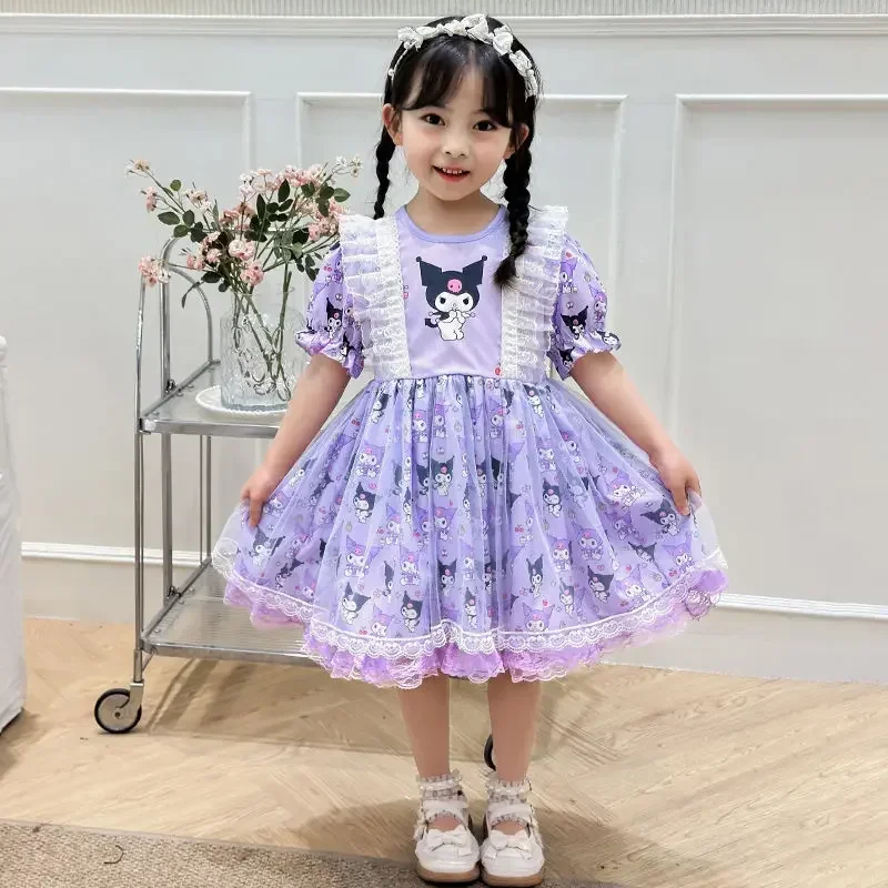 سانريو مرحبا كيتي الفتيات تي شيرت صيفي لوليتا فستان الأميرة موضة الأطفال kuromi فستان قصير الأكمام طفل تنورة منتفخة