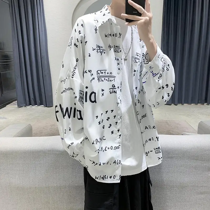 Streetwear Street Casual Man Korean Loose Tops Turn-down Collar Handsome Printing Button  Shirts Long Sleeve Men\'s Clothing 2023