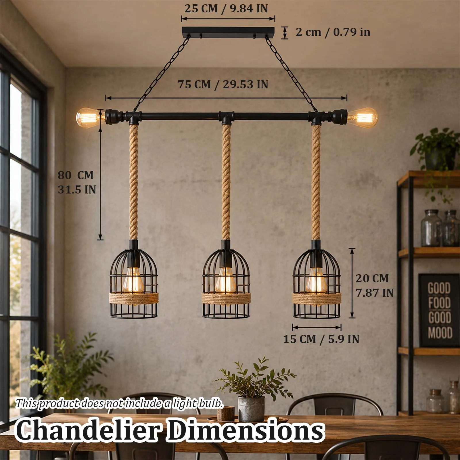 Linear Pendant Light, 3 Hemp Rope Cage Shades, Black Pipe, Rustic Kitchen Island