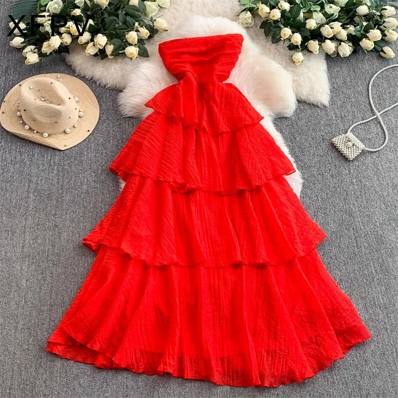 XFPV Süßer Stil, ärmellos, trägerlos, schönes Kleid, locker, rot, hohe Taille, abgestufte Rüschen, lange Partykleider, Damen, Herbst, Neu