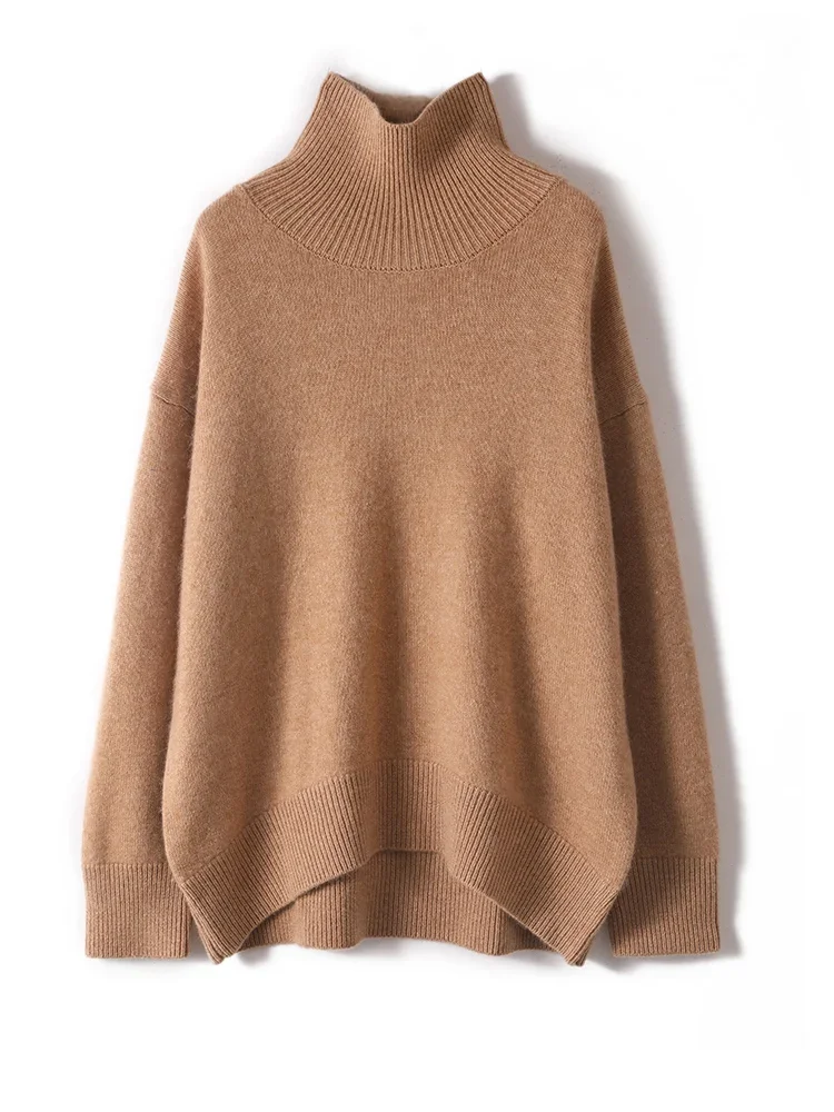 Maglione invernale in Cashmere spesso per donna Pullover con collo alto in puro Cashmere 100% caldo e sciolto con Base in maglia top per vento pigro