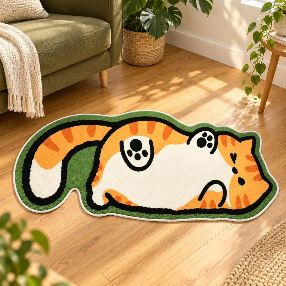 Orange Cat Shaped Area Rug, Soft Flannel Floor Mat for Bedroom, Bathroom Living Room, Non-Slip, Reading Nook and Cozy Home Decor